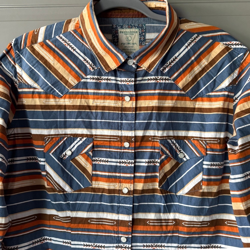 Panhandle Rough Stock Western Aztec Stripe Snap Button LS Shirt,Blue‎ Orange,L